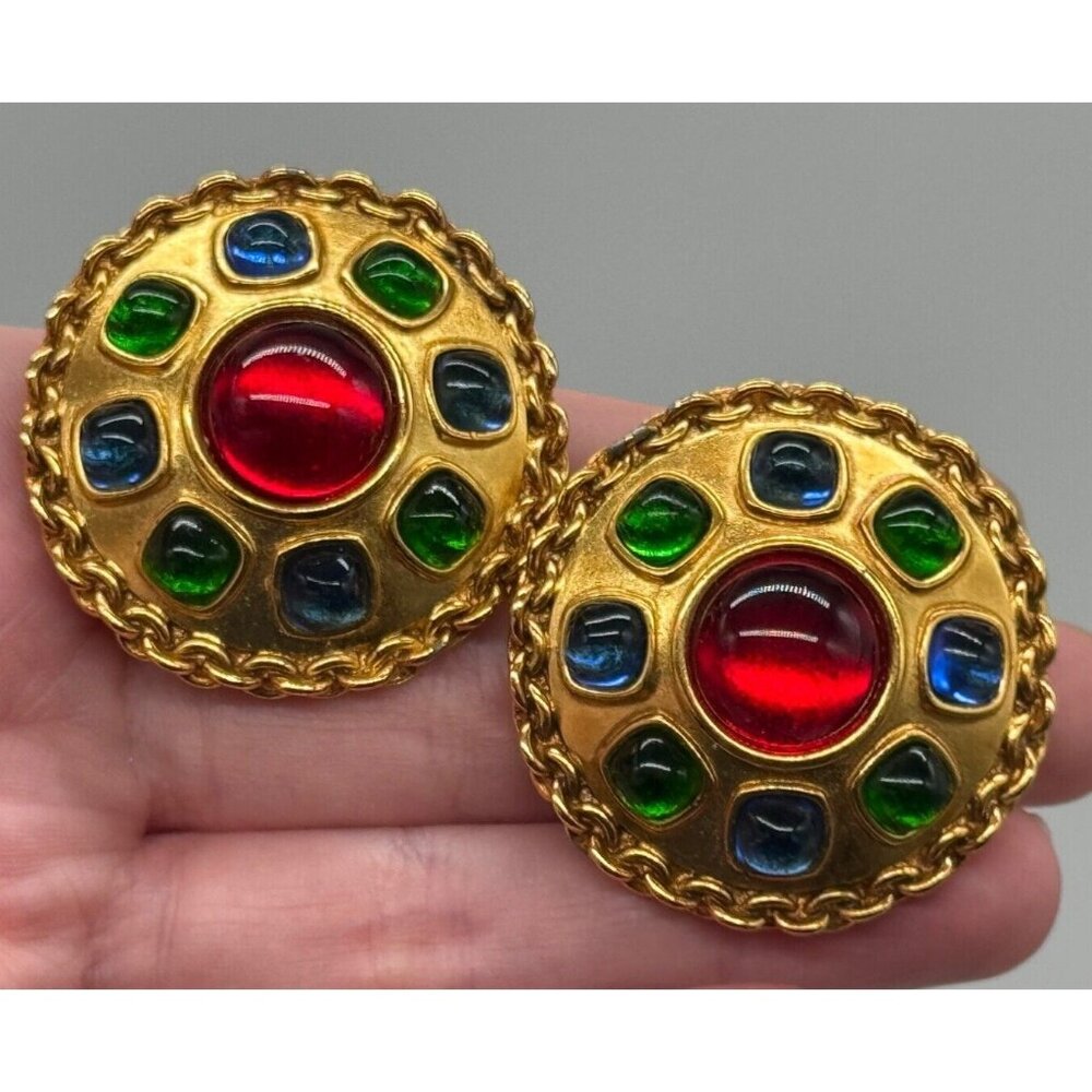 Vintage Carlisle Signed Matte Gold Tone Multicolor Cabochon Clip‎ On Earrings